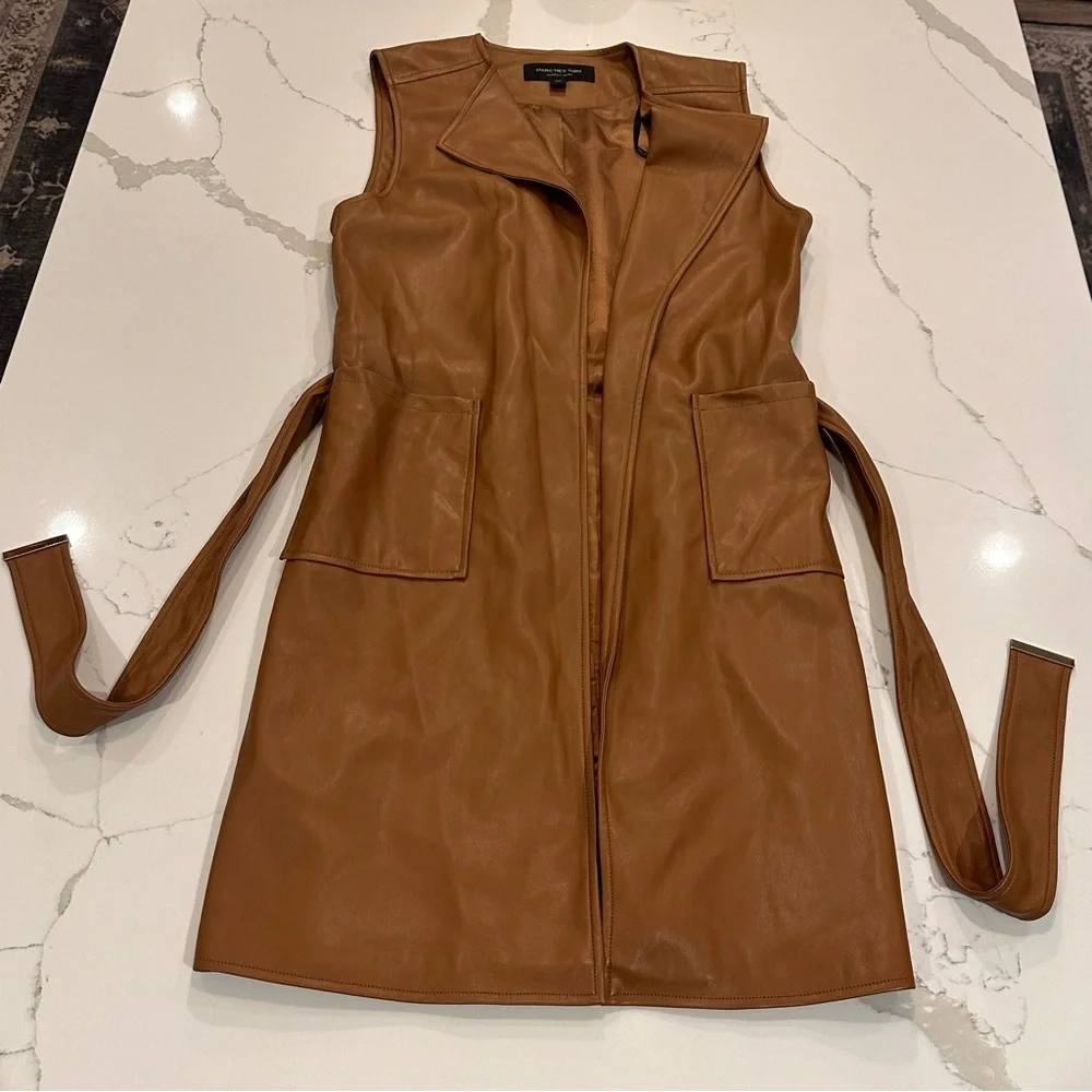 Marc New York Vegan Faux Leather Sleeveless Duster Cardigan Womens Size XS Brown